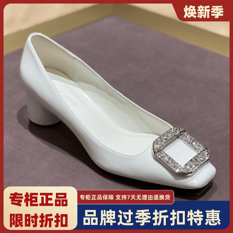 露娜女鞋SL时尚粗跟高跟鞋方头钻扣时尚F中跟优雅单鞋女SL122071