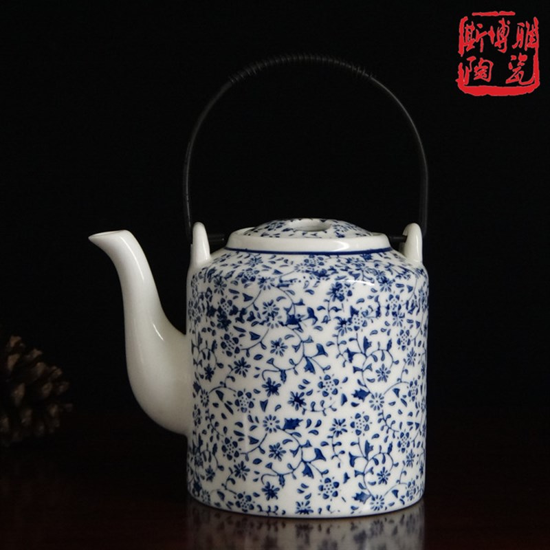 青花手工加e彩陶瓷提梁壶酒店饭店家用泡茶壶时尚简约凉水壶耐高