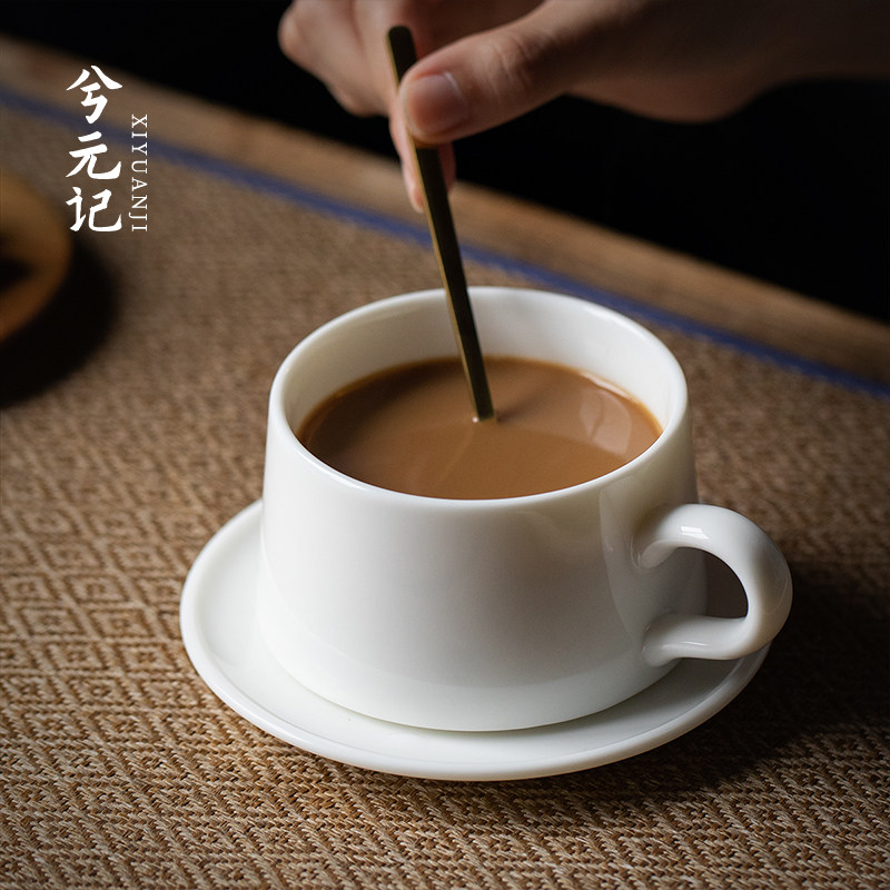 羊脂玉瓷高档咖啡杯子下午茶杯碟套装精致家用陶瓷W拿铁杯挂耳杯