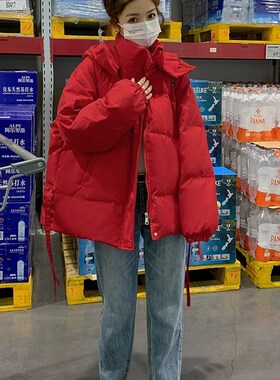 圣诞红色连帽羽绒服棉衣棉服女短C款2024冬季新款宽松显瘦保暖