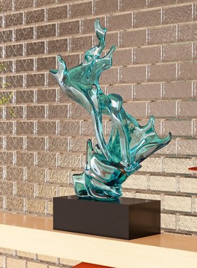 风生水起落地浪花雕塑摆件客厅玄关抽象艺术玻璃装饰品酒店大堂