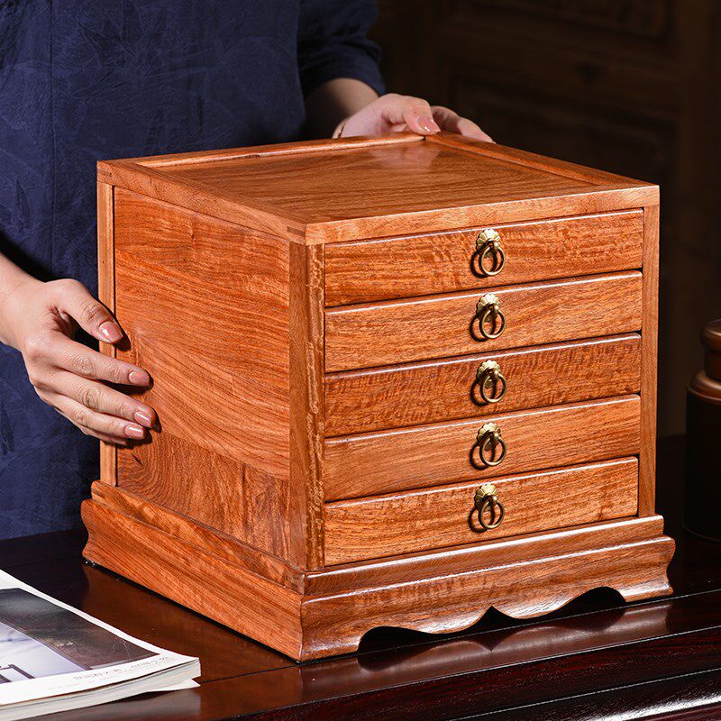 普洱茶饼收纳盒实木家用中式大果紫檀多层功夫R茶具红木配件茶叶