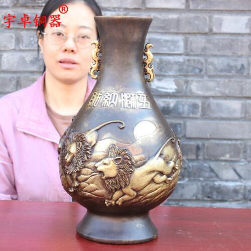 宇卓铜器 纯铜花瓶黄铜花瓶五狮花瓶狮子花瓶工艺品摆件