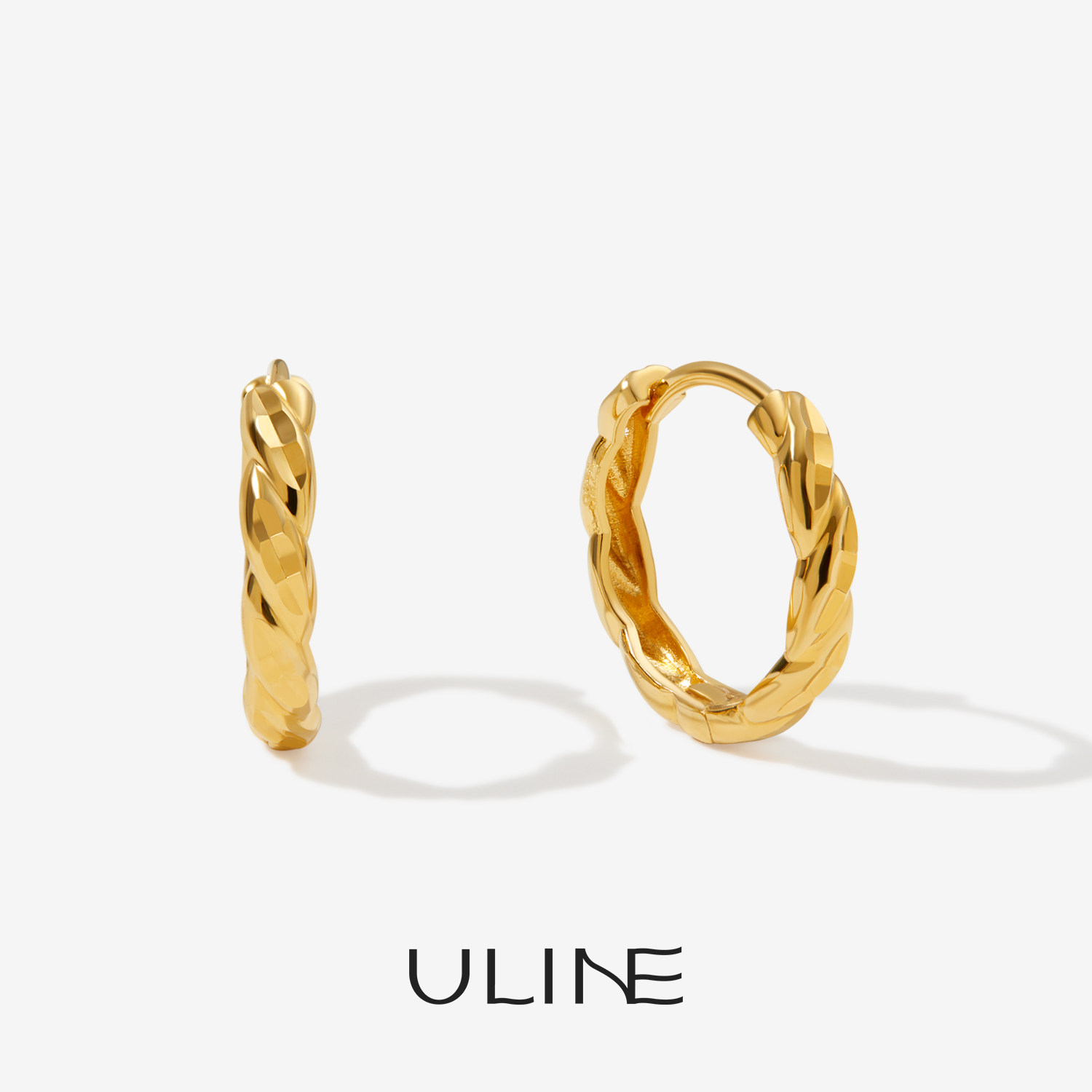 ULINE925银麻花耳圈纯银耳环圆圈耳饰金色大小耳扣睡觉免摘养耳洞