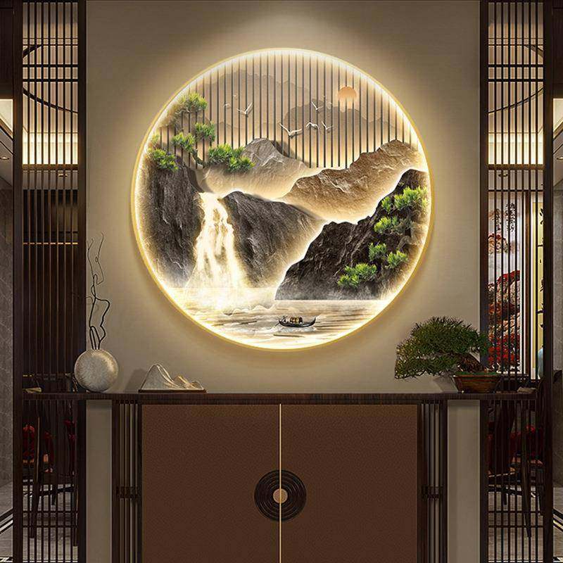 新中式入户玄关装饰画流水生财大气山水挂画客厅灯画茶室圆形壁画,居家日用,美容小工具,淘宝优惠券,粉丝福利购,淘宝优惠卷