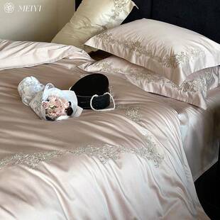 高级感100S长绒棉绣花四件套全棉纯棉被套轻奢风裸睡床上用品