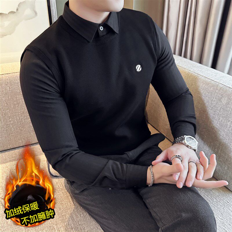 衬衫领毛衣男假两件秋冬加绒条纹衬衣领潮流修身打底针织衫有带领