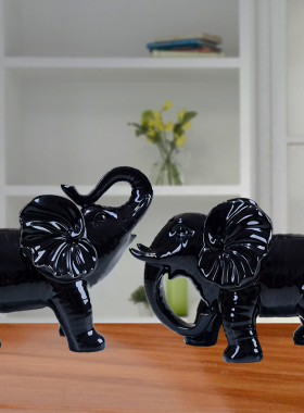 吉祥大象摆件一对 简约家居装饰 品陶瓷黑色夫妻象工艺品 风水物