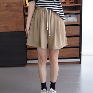 直筒休闲阔腿中裤 女夏大码 五分短裤 胖mm抽绳高腰设计宽松冰丝西装