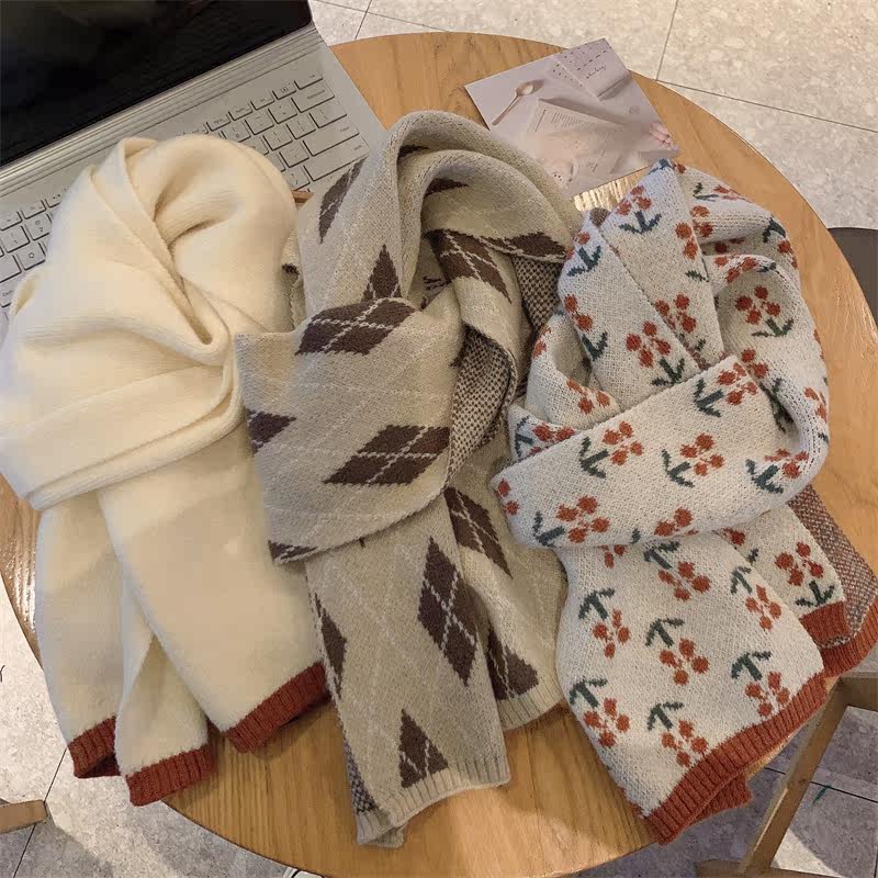 小清新米色针织围巾女秋冬季韩版日系百搭学生加厚保暖毛线围脖男