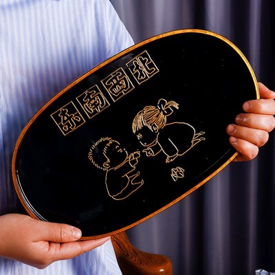 茶店茶点家用漆器茶托盘椭圆形餐盘茶道家用茶具大漆托盘大号木质