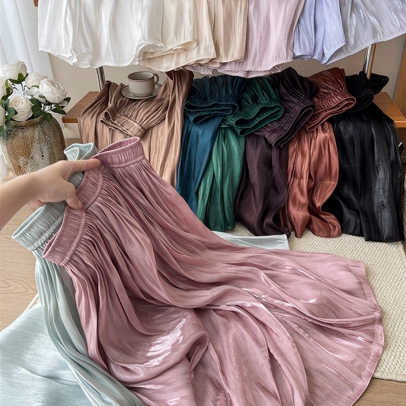 高级感流珠光纱缎面雪纺百褶皱半身裙女秋复古亮闪闪风琴a字长裙