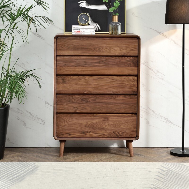 北欧实木五斗柜简约现代收纳储物柜卧室抽屉柜客厅黑胡桃木整装
