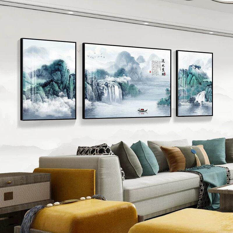 新中式挂画山水画客厅装饰画沙发背景墙上流水生财国画大气三联画