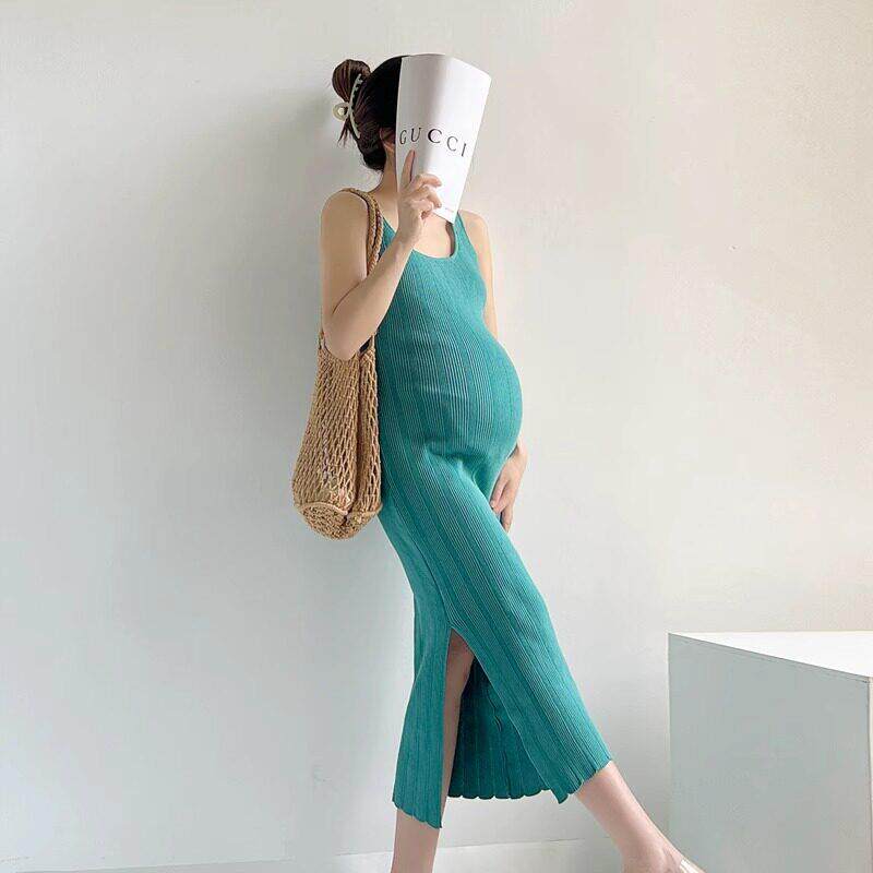 夏装冰丝针织法式高级感孕妇装洋装夏天中长版显瘦无袖背心裙女