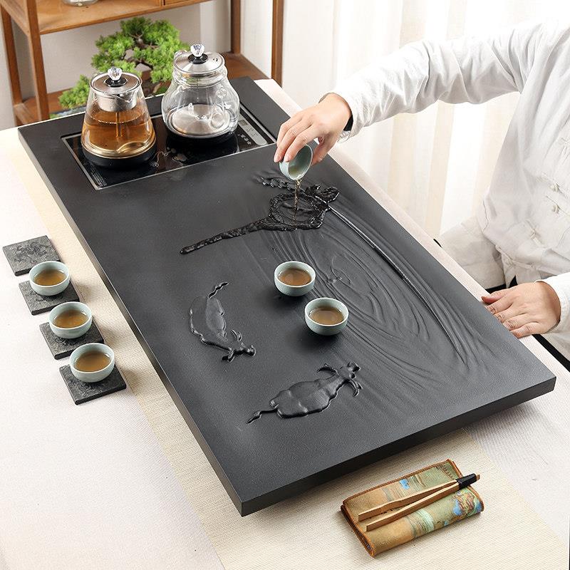 整块乌金石茶盘全自动一体浮雕石头茶台天然石材大号家用茶具套装