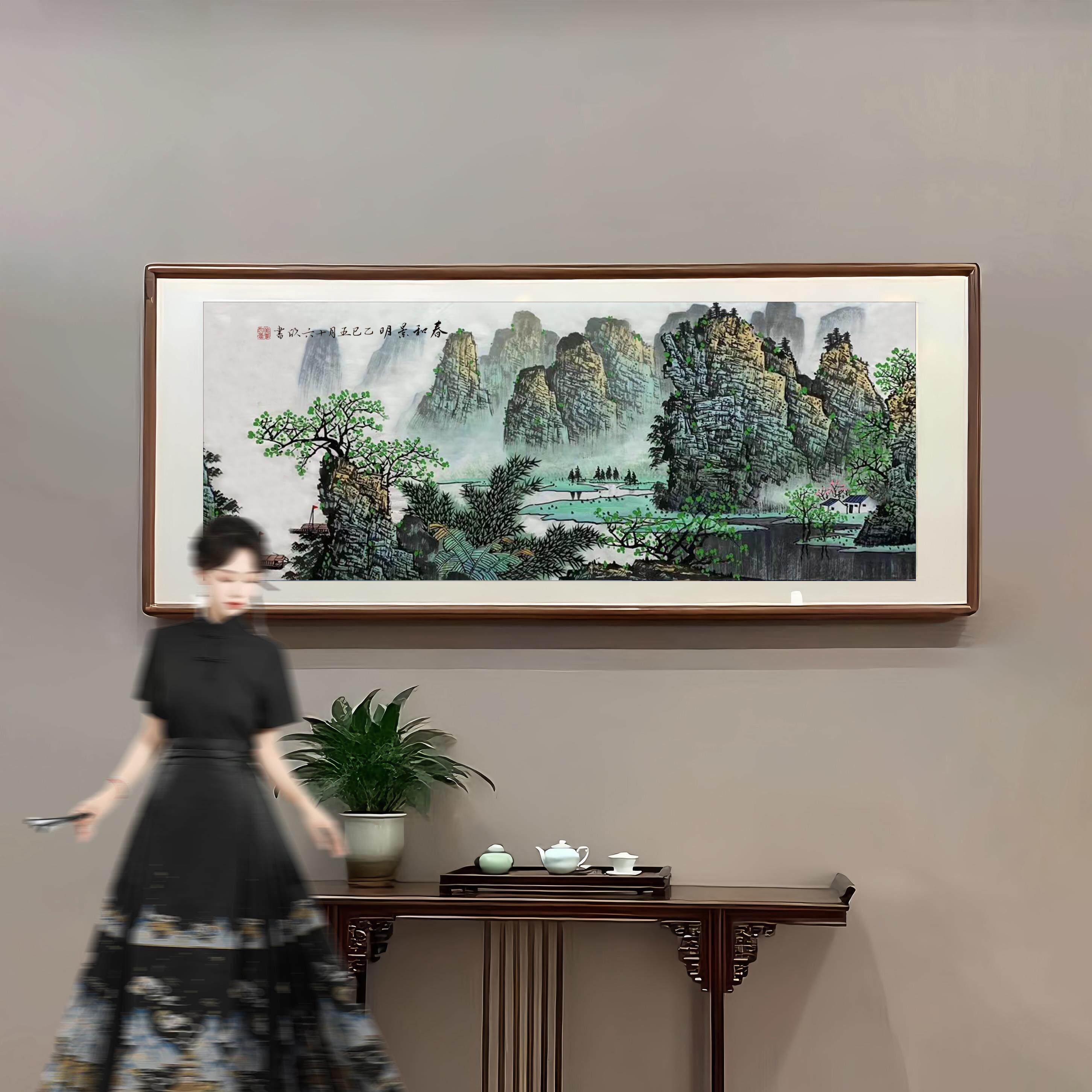 国画山水画客厅挂画 新中式办公室茶室会所 装饰画 手绘靠山图