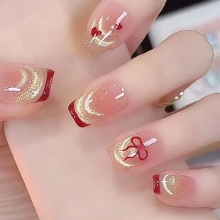 法式猫眼穿戴甲红色金粉显白美甲秋冬新款ins可拆卸短梯指甲甲片