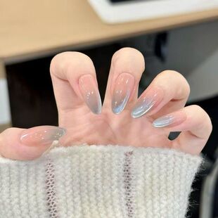 冰蓝猫眼美甲假指甲片中长款法式裸色渐变高级感穿戴甲杏仁甲10片