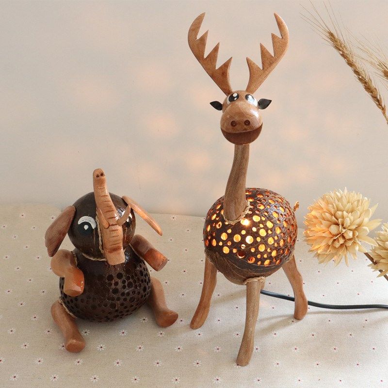 泰国椰子灯卡通动物椰壳台灯儿童房床头氛围灯可爱小象夜灯睡眠灯