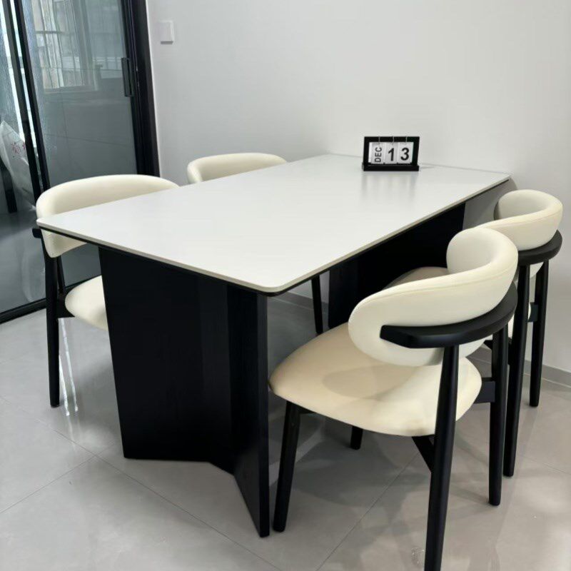 德利丰纯白岩板餐实木餐桌椅组合现代简约家小户型中古风格长方形