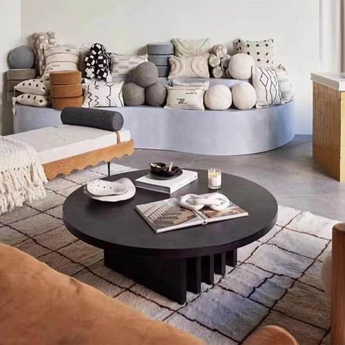 设计师小圆桌民宿中古原木茶桌小户型侘寂风实木黑色茶几客厅家用