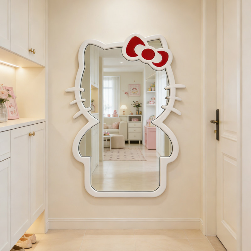 可爱KT猫造型全身镜奶油简约风卧室不规则穿衣镜玄关入户装饰镜子
