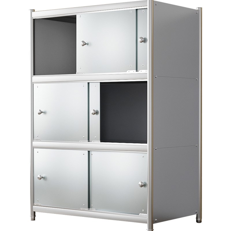 不锈钢置物架带门柜门厨房落地微波炉架子家用收纳橱柜带背板多层