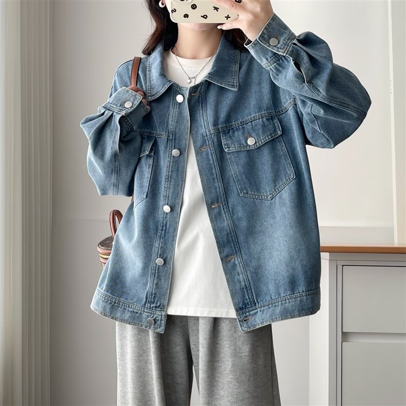 大码女装春秋款牛仔短外套2025年新款夹克上衣常规胖mm宽松衬衫女