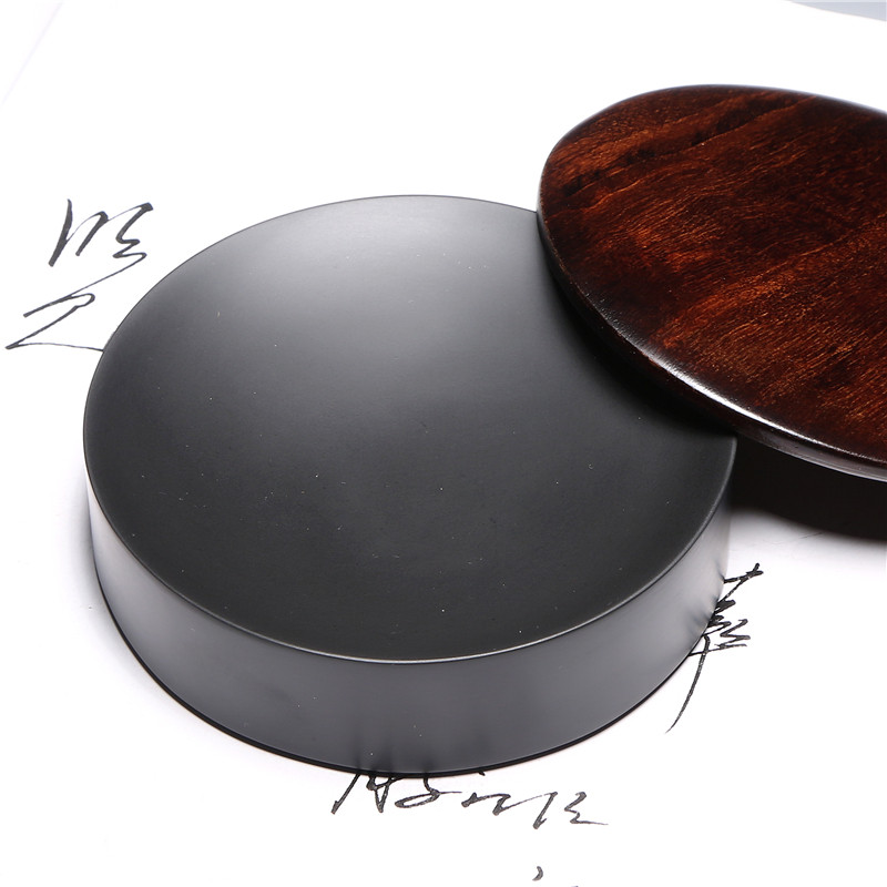 国家非遗圆形素心墨海天然原石歙砚黑龙尾带盖学生书画实用砚台端