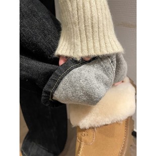 爱情魔鬼鱼 杏色高腰薄绒牛仔阔腿裤女2024秋冬宽松休闲裤长裤子