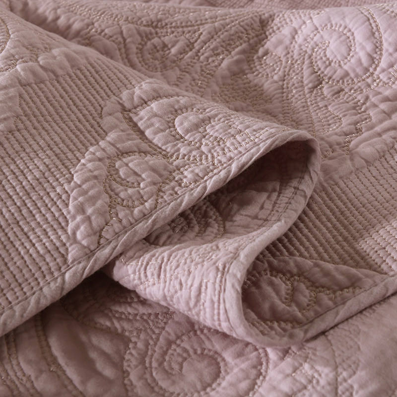 藕粉色欧美双面绣花绗缝被三件套可机洗夹棉床单纯棉床盖榻榻米垫