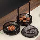 竹编制篮子手提复古大漆双层食盒送餐盒茶道具收纳筐水果茶点托盘