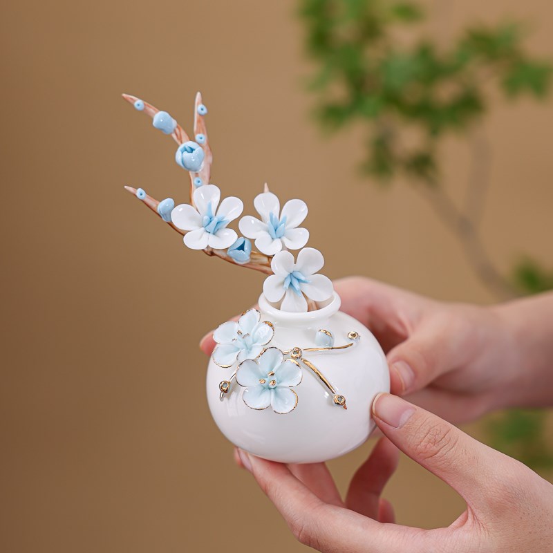 景德镇陶瓷白色蓝莓花水培瓶套组精美摆件车载茶台客厅装饰礼品