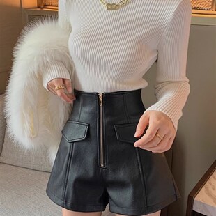 2023年新款高腰皮短裤女爆秋冬季a字春秋显瘦pu阔腿外穿黑色靴裤