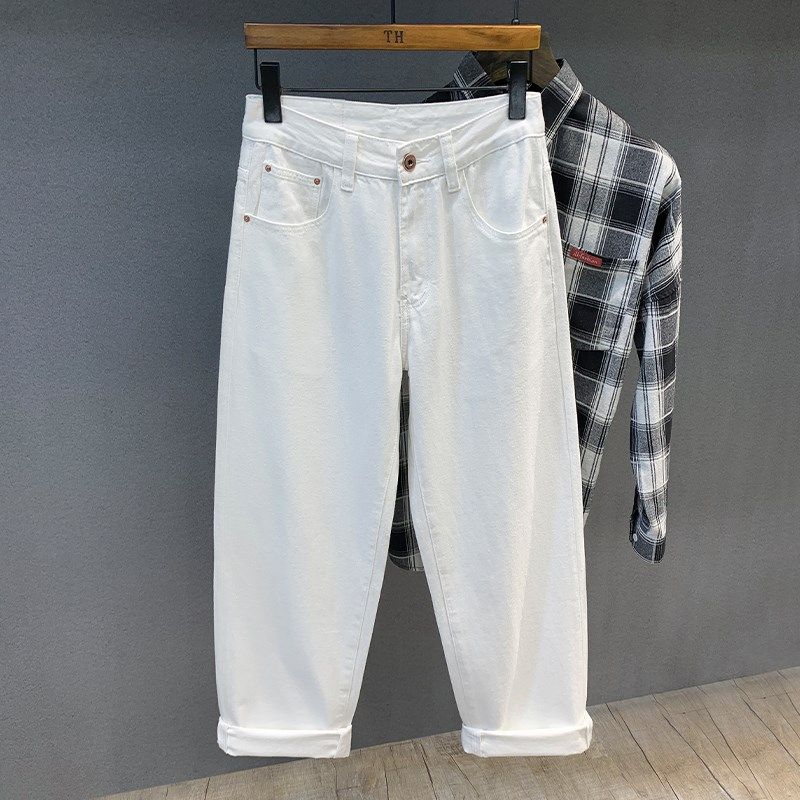 高级感肌理竹节纯棉美式休闲白色牛仔裤男士春秋宽松直筒裤长裤子