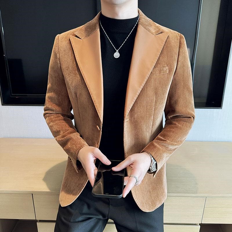 秋冬季男式拼皮时尚单西外套加大码撞色高奢小西装高级感宴会礼服