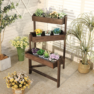 室内阳台花架子多层木头落地室外防腐实木三层梯形花店木质置物架