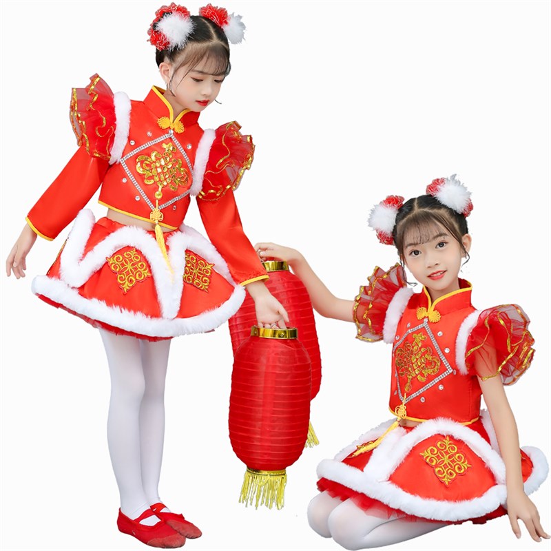 儿童喜庆中国红演出服男女童幼儿太平鼓舞蹈裙灯笼梦娃打鼓表演服