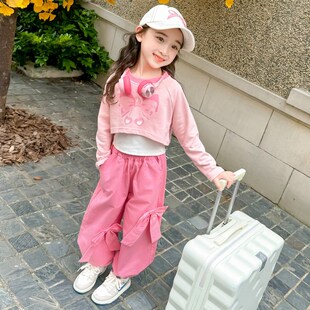 女童春秋假两件上衣套装女宝宝2024新款儿童时髦洋气工装裤两件套