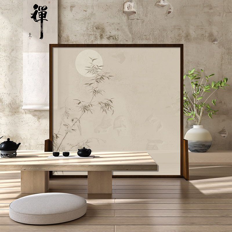 现代中式淡雅竹子屏风隔断客厅移动入户遮挡茶室民宿装饰实木座屏