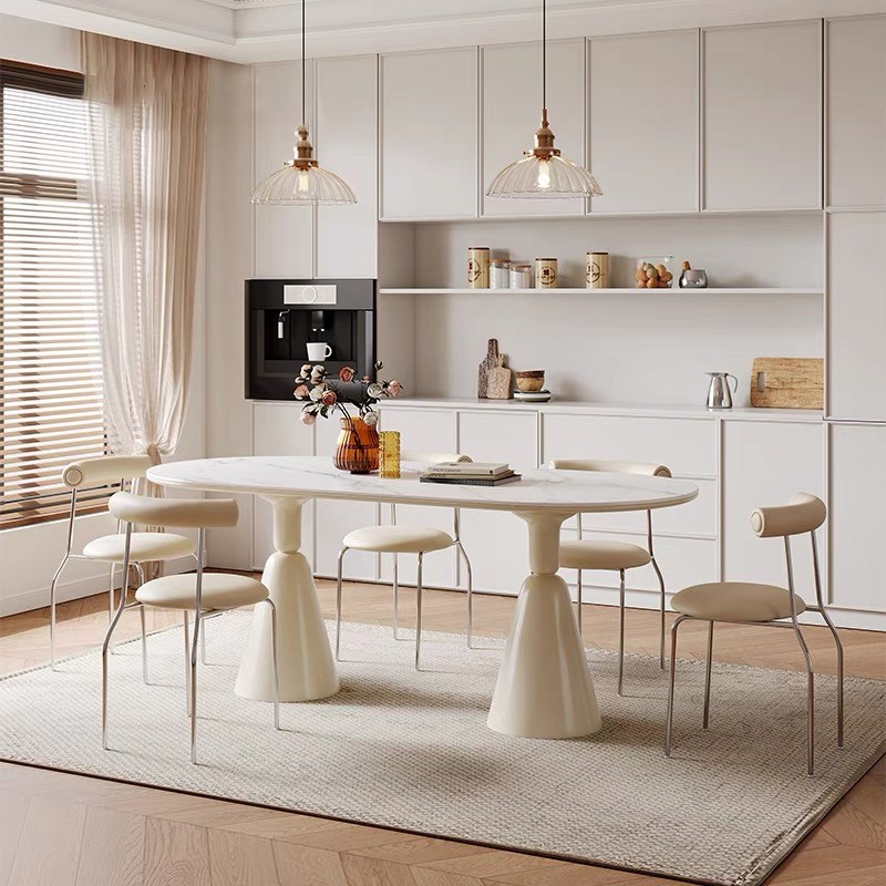 法式奶油风岩板餐桌餐桌椅组合现代简约小户型家用网红圣杯桌子