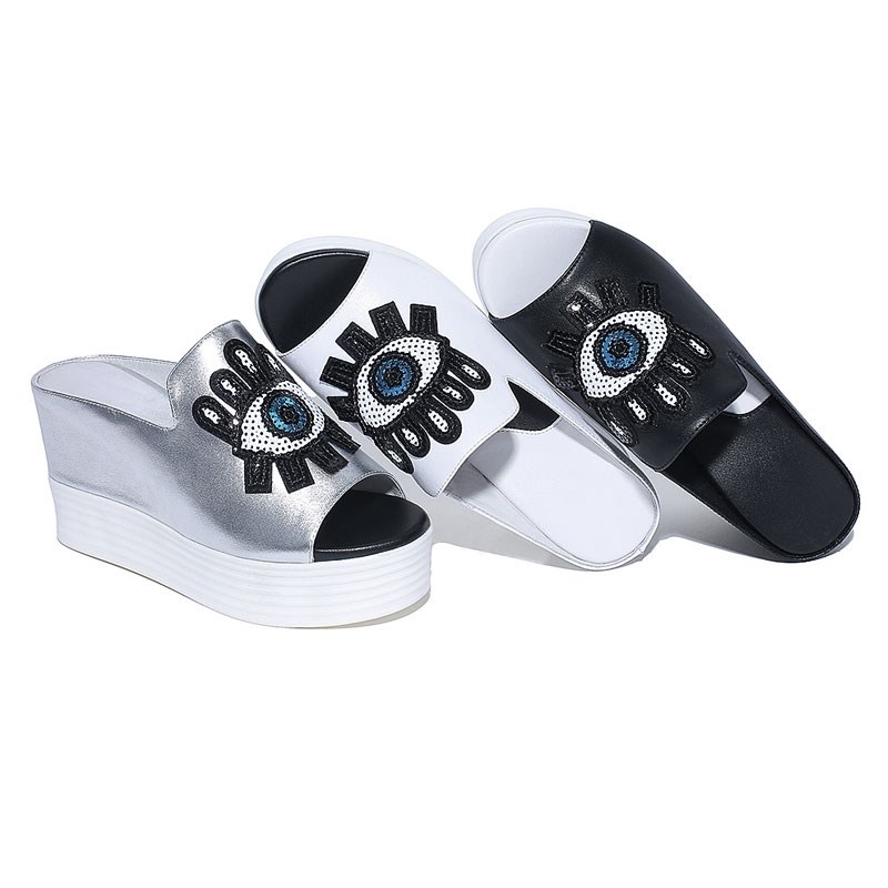 外穿夏季8cfm时尚凉拖鞋女松糕鞋鱼嘴坡跟休闲眼睛百搭显瘦一字拖