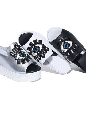 外穿夏季8cfm时尚凉拖鞋女松糕鞋鱼嘴坡跟休闲眼睛百搭显瘦一字拖