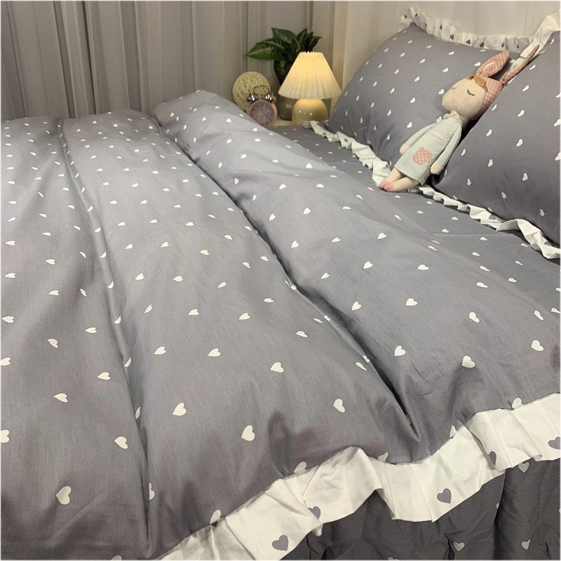 韩版淑女公主风经典灰r爱心小清新全棉四件套纯棉床裙款床上用品