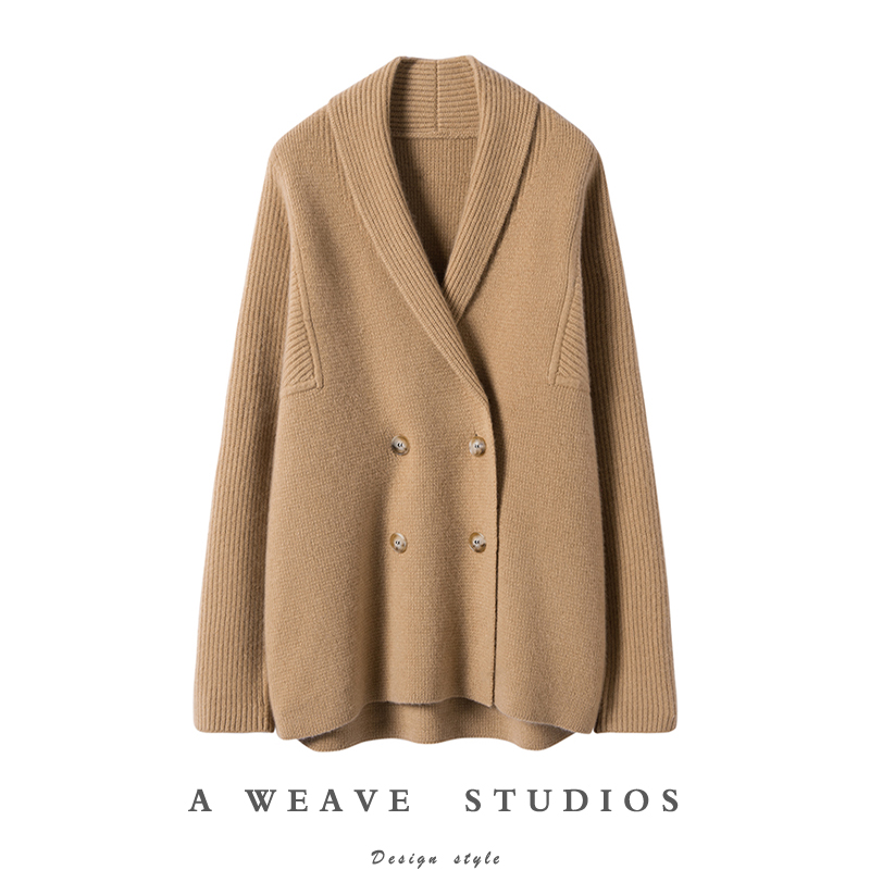 无可替代~重磅加厚!白色廓形双排扣100%纯羊绒开衫女外套毛衣