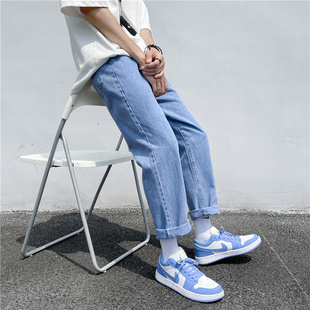 休闲老爹裤 复古水洗浅蓝色九分牛仔裤 潮流直筒bf宽松修身 韩版 男士