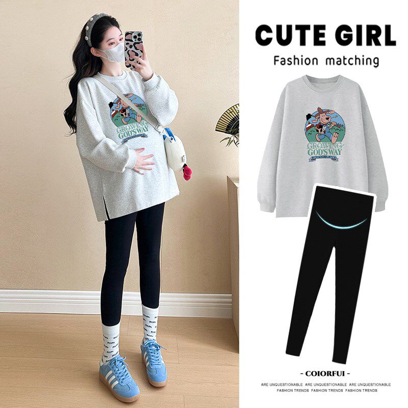 孕妇卫衣女中长款2025孕妇装春装新款印花圆领上衣薄款长袖外套潮