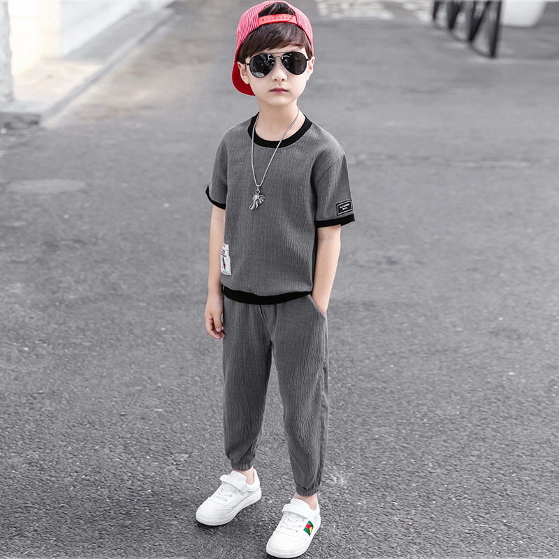 童装帅气男童夏装套装亚麻三岁男孩棉麻13岁儿童运动小孩衣服洋气
