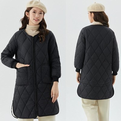 2024冬季无领女士冬季中长款气质宽松外套保暖羽绒棉服轻薄款大衣